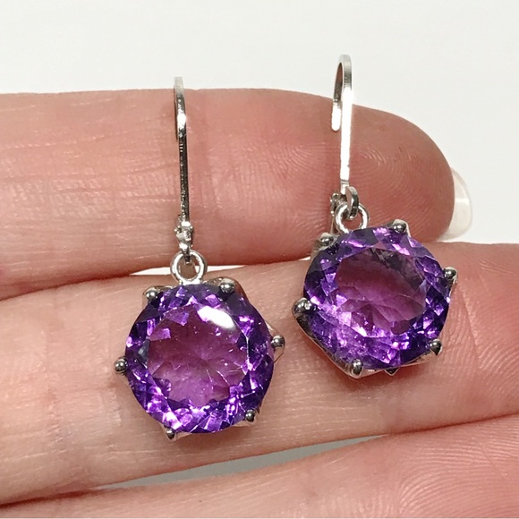 Artist Signed A 12mm Amethyst Round Cut 925 Sterling Silver Drop Earrings - Picture 12 of 17